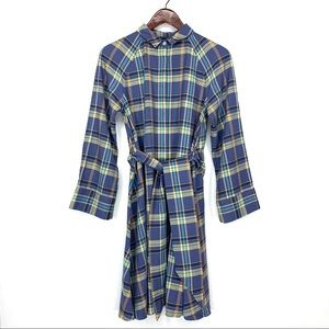 Rare 8 By Yoox Italian Plaid Button Down Long Sleeve Tie Waist Dress Blue Multi